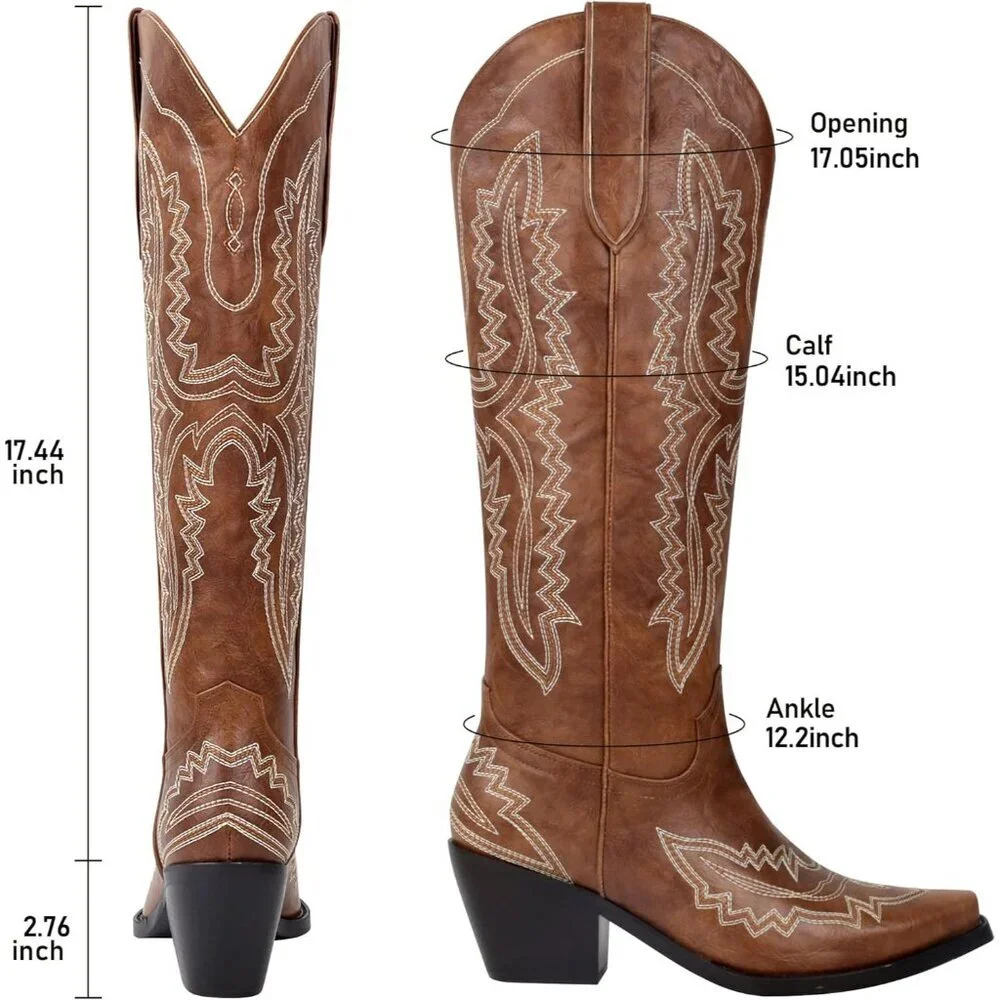 Women Brown Faux Leather Knee High Cowgirl Boots with Pointed Toe Block Heel